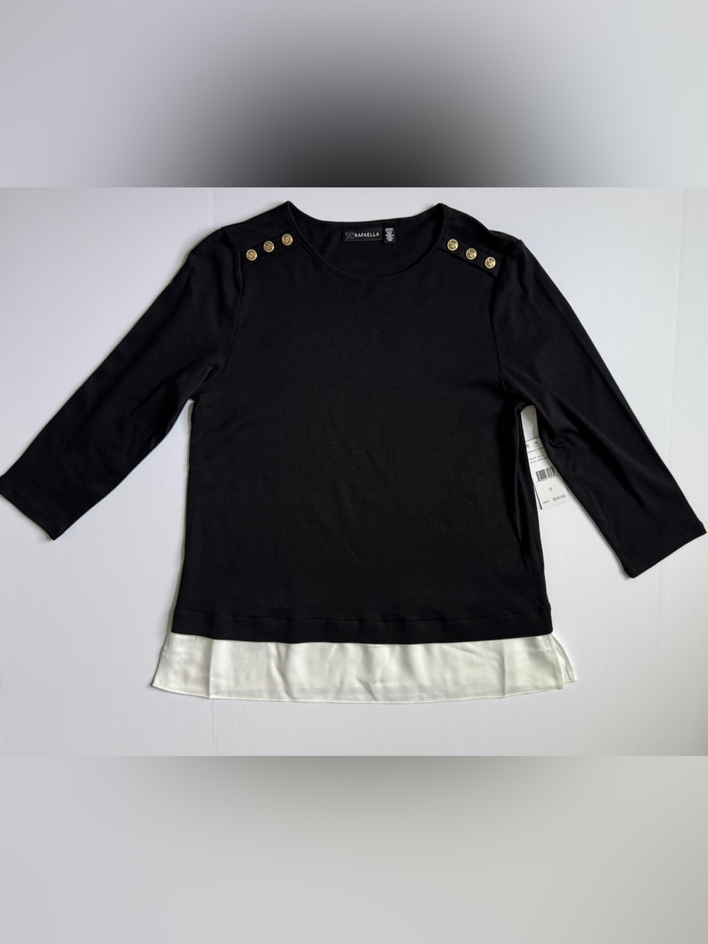NWT Rafaella Black 3/4 Sleeve Top with White Layered Hem and Gold Buttons